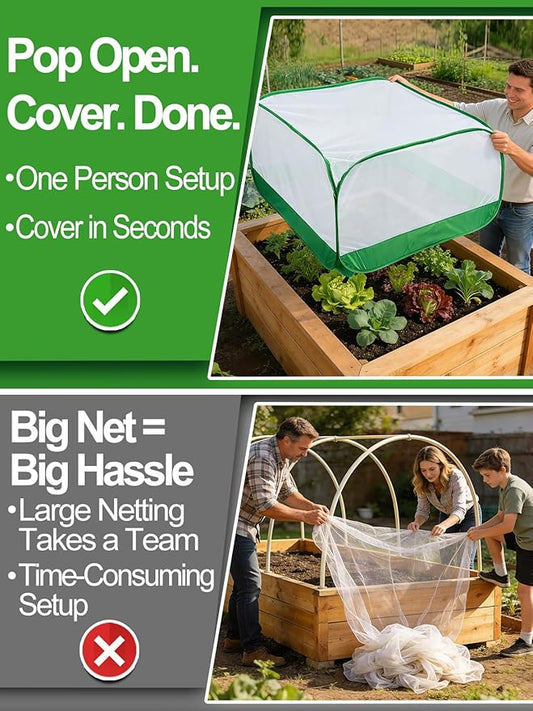 Pop Up Garden Netting for Square Raised Beds - 3.3'L x 3.3'W x 1.65'H Ultra Fine Mesh Net Plant Cover with 4 Stakes, Protection for Vegetables Fruit from Birds Pests