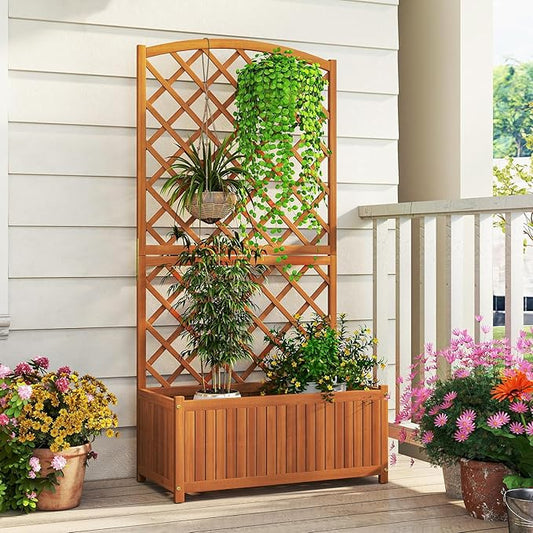 Giantex Solid Acacia Wood Planter Box with Trellis, 63" Raised Garden Bed with Trellis, Plant Box, Slat Base, Outdoor Privacy Planter for Vine Climbing Plants Flowers, Garden, Patio, Balcony