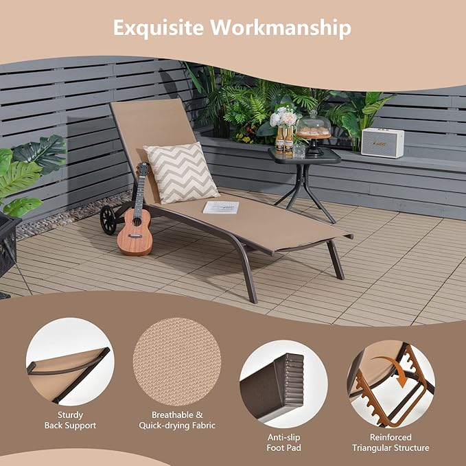 COSTWAY Chaise Lounge Chair Outdoor with Wheels, 6-Position Adjustable Tanning Chair with Stable Aluminum Frame, Portable Sun Bathing Lounge Chair for Backyard, Garden, Poolside, Coffee