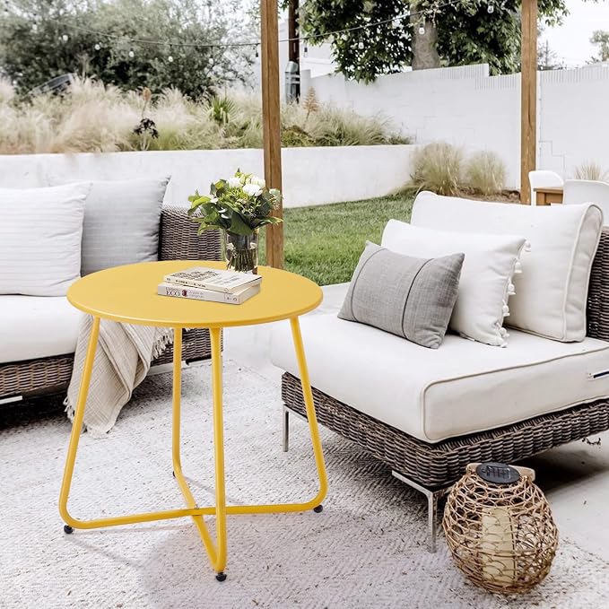 Meluvici Patio Small Outdoor Side Table Waterproof Round Metal Steel Side Table Weather Resistant Portable Outdoor and Indoor End Table for Garden Balcony Yard, Yellow
