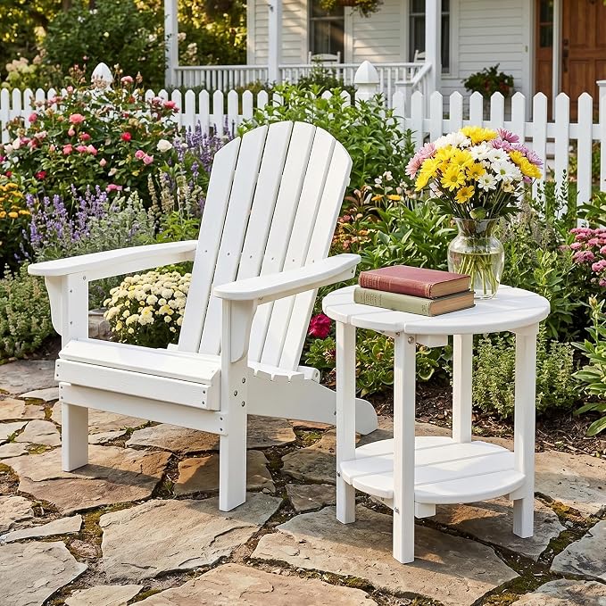 2 Tier Round Outdoor Side Table with Wood-Like Grain, HDPE Adirondack Table Patio Side Table, Weather Resistant End Table for Pool, Patio & Porch, Small Outdoor Table (White, Round)