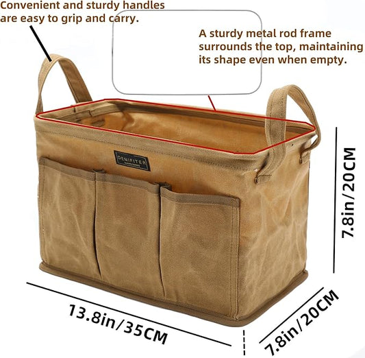Heavy Duty 16oz Waxed Canvas Tool Bag, Rectangle Foldable Open Top Tool Bags with Handles,7 Pockets &13.8 x 7.8 x 7.8 Inches 3-Pack (Khaki)