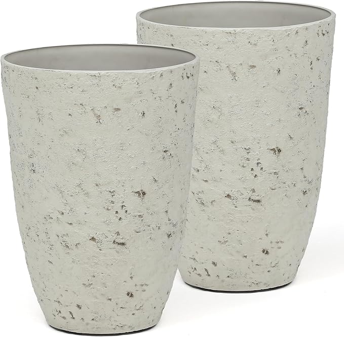 19.5"H Resin Tall Planters for Outdoor Indoor Use, 2-Pack Large Flower Pots, Weather-Resistant Plant Container for Garden Yard Porch or Home Décor, Handcrafted Birch Bark Texture, Country White