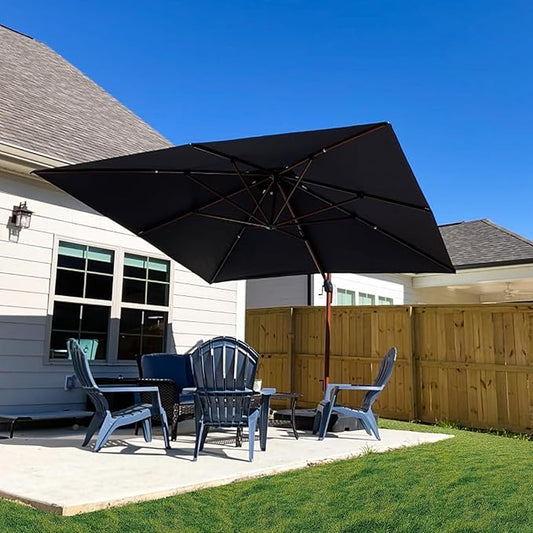 PURPLE LEAF 9' X 12' Double Top Deluxe Wood Pattern Rectangle Patio Umbrella Offset Hanging Umbrella Outdoor Market Umbrella Garden Umbrella, Navy Blue