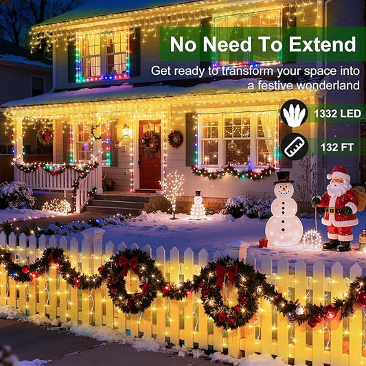 1332 LED Christmas Lights with 296 Drops,132ft 12 Modes Hanging ice String Lights with Timer & Dimmable & Waterproof, Plug-in Fairy Lights for Tree Holiday Wedding Party Christmas Decor Warm White