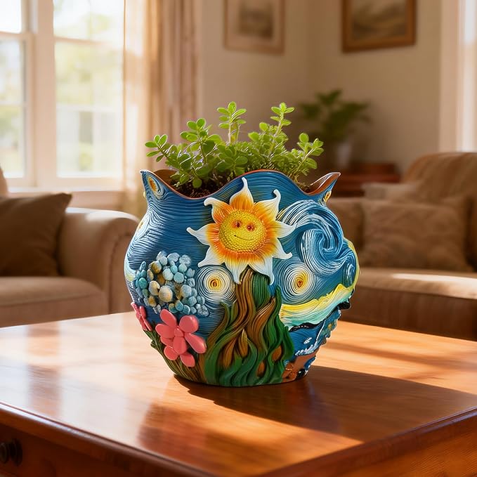Sunflower Starry Sky Plant Pots-Cute Unique Flower Pots with Drainage Hole, Resin Planters for Indoor Outdoor Succulent Planter, Plant Gifts for Mother's Day, Birthday, Christmas(Colours)