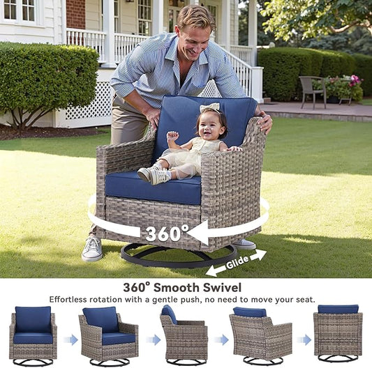 3 Pieces Patio Furniture Set-High Back Swivel Patio Chairs Set of 2 with Outdoor Side Table Patio Table and Chairs Set for Porch Deck Balcony Garden Grey/Blue