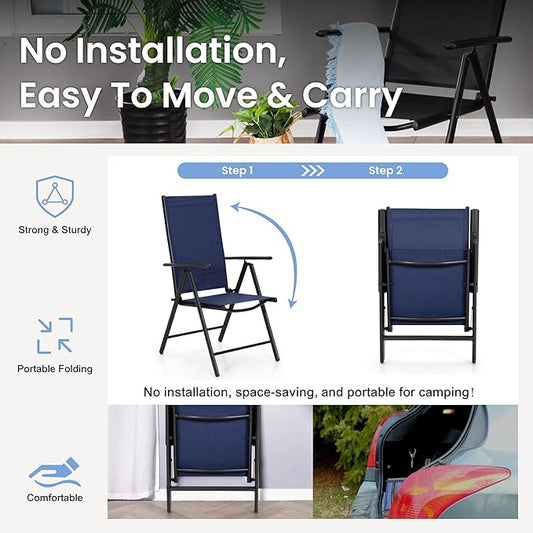 PHI VILLA 9 Piece Outdoor Dining Set, All Weather Furniture Patio Table and Chairs for 8 with Adjustable Lightweight Patio Folding Dining Chairs (Blue) & Extendable Metal Table for Garden, Yard