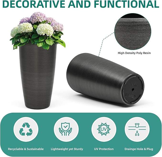 22.8" Large Planters Pot Set of 2 Flower Pots Tall Pots for Plants with Modern Handmade Brushed Metal Finish, Weather-Resistant for Indoor, Outdoor, Deck and Porch, Black