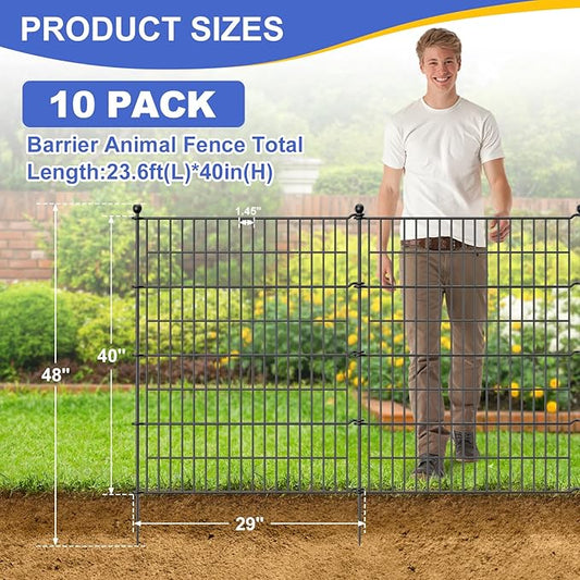 10 Panels No Dig Garden Fence Outdoor for Yard, 40 in(H) X 23.6 ft(L) Animal Barrier Pet Fencing Rustproof Decorative Metal Wire Panel Border for Dog, Rabbits, and Patio Temporary Ground Stakes