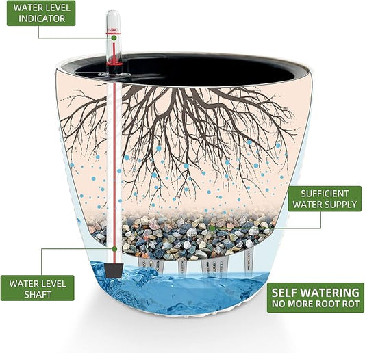 Dexceder 9x8 Inches Rattan Self Watering Planter Indoor Outdoor, Inner Pot Design, Thickened Table Flower Plant Pot with Water Level Indicator (Ivory White)