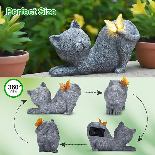 Solar Garden Statue with Glowing Butterfly, Outdoor Resin Cute Figurine with Solar Light, Waterproof Yard Decor for Patio, Lawn, Porch, and Unique Garden Gifts for Lovers (solar cat statue grey)