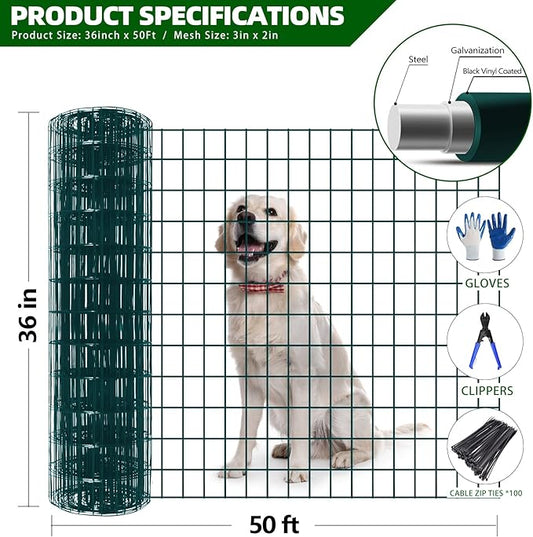 Welded Wire Fence, 50ft(L) x 36inch(H) PVC Coated Wire Fencing for Dog, 2 Inch x 3 Inch 16GA Fencing for Chicken, Anti-Rust Roll Metal Wire Mesh Fence for Yard Vegetable, Green