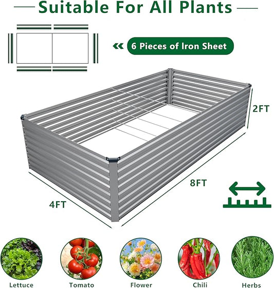 DIIYIV Galvanized Raised Garden Bed Kit Outdoor Patio,8x4x2ft Large Rectangular Metal Planter Boxes,Deep Root Box Planter for Gardening,Vegetables,Flowers,Herbs-Silver