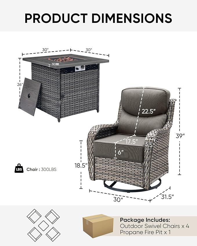 HUMMUH Wicker Patio Furniture Set with Patio Swivel Chairs Set of 4 and 50,000 BTU Fire Pit Table,6 Inch Thick Cushions High Back Outdoor Swivel Rocker Chairs Set for Porch, Balcony, Deck