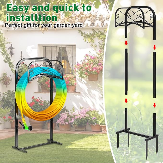 Gtongoko Garden Hose Holder for Outside 43" Heavy Duty Freestanding Water Hose Holder with 4 Stable Spikes Metal Hose Stand Holds Up to 150FT Hose & 44LB Detachable Hose Storage for Yard Lawn Patio