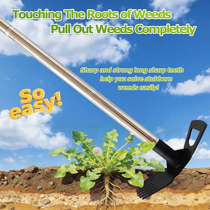Weed Rake and Garden Hoe,7-Tine Weed Puller Tool with Long Handle,4-Section Adjustable 2 in 1 Hoe and Rake for Heavy-Duty Root Removal and Weed Clearing in Yards,Lawns,Patios,and Gardens