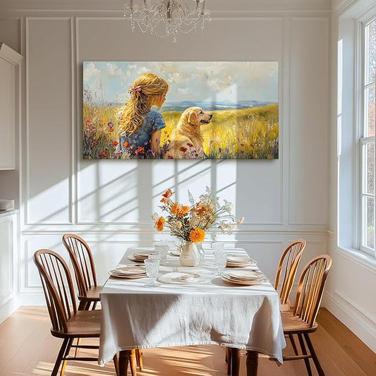 SERIMINO Portrait Animal Extra Large Wall Art, Meadow Landscape Wall Prints, Woman Golden Retriever Dog Canvas Paintings, Rustic Wall Decor Living Room Bedroom Dining Room Farmhouse Cottage 29"X57"