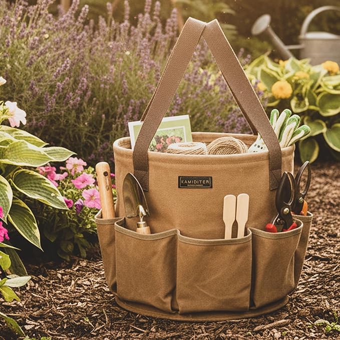 Large Capacity Collapsible 8-Gal (30L) Tool Bag with Handles, Round Gusset Organizer for Car Trunk Storage, 13.5" D x 12.5" H | Khaki