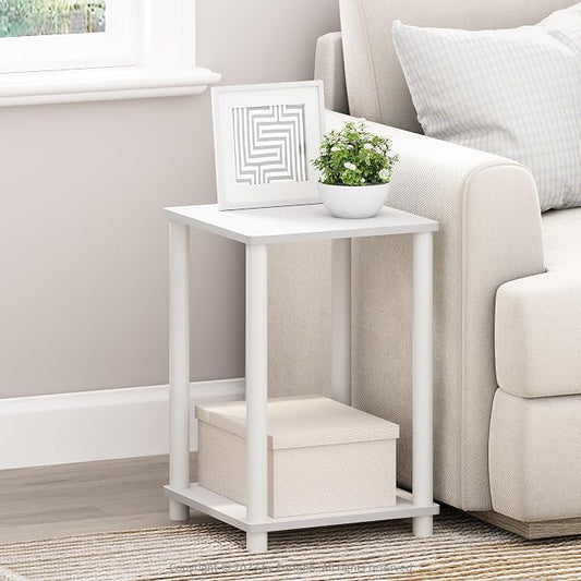 Furinno Turn-N-Tube Side Table, 2-Tier Modern Square End Table with Open Shelf, Toolless Night Stand, Bedside Table, for Living Room, Bedroom, White