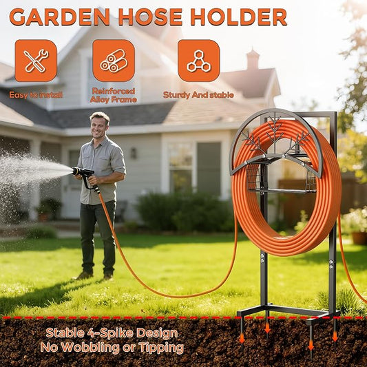 Heavy Duty Garden Hose Holder with Storage Basket, Holds Up to 160FT Hose, Freestanding Metal Water Hose Organizer with 4 Anchor Spikes, for Outdoor Yard Lawn Patio