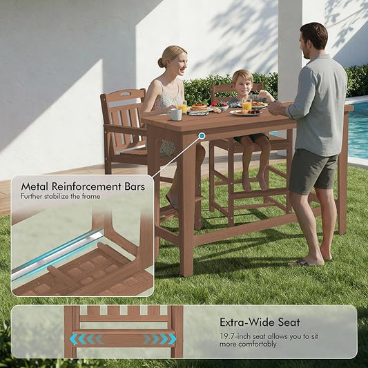 Ciokea Heavy-Duty Outdoor Bar Set, Rectangle High Top Table and 2 Oversized Adirondack Chairs Set, HDPE Modern Patio Bar Set for Outside Bistro Backyard Balcony Deck Outside, Teak