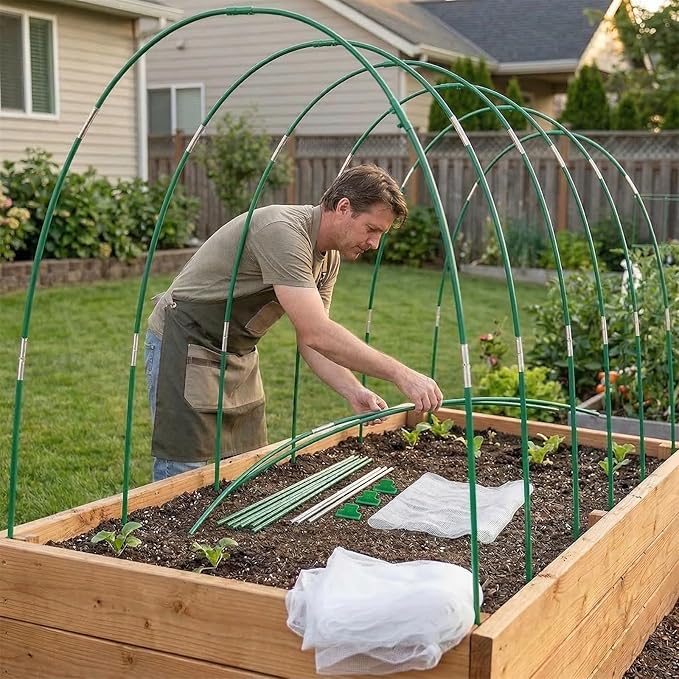 Garden Netting Kit for Raised Beds, 10x30FT Plant Cover Ultra Fine Mesh Netting & 6 Sets Fiberglass Garden Hoops & 18 Clip, Vegetable Plants Fruits Row Cover Birds Animals Barrier Protection Net