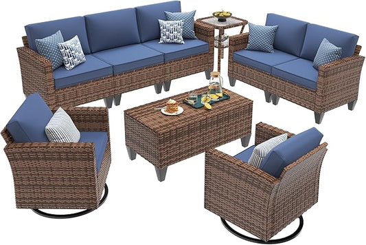 UDPATIO Patio Furniture Set, 6 Pieces Outdoor Furniture Sets with Rocking Swivel Chairs, Wicker Rattan Outdoor Conversation Set with Storage Table and Waterproof Covers for Backyard, Deck, Porch, Navy