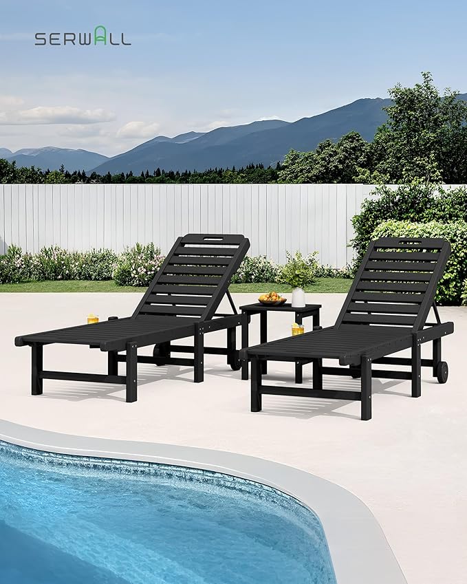 SERWALL Patio Lounge Chair Set of 2, HDPE Outdoor Lounger with Cup Holder, 5 Positions Adjustable Pool Lounger with Rolling Wheels for Poolside, Black