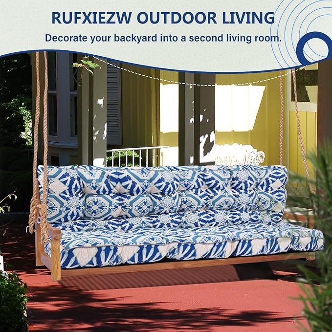 2/3 Seater Swing Replacement Cushion, Waterproof Porch Swing Cushions with Backrest, Thickened Bench Cushions for Outdoor Furniture, for Outdoor Patio Swing (Boho Blue, 63 * 40in)