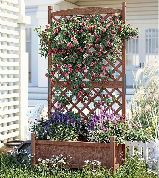 IDEALHOUS Large Raised Garden Bed with Trellis & Wheels, 61" Wooden Mobile Planter Box with Drainage Hole, Freestanding Vertical Planter for Outdoor Indoor Patio Lawn Herbs Flowers Vegetables, 2 Pack