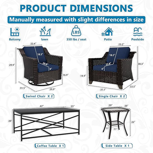 Vista Vibe 6 Pieces Outdoor Rattan Patio Conversation Furniture Set - 360 Degree Swivel Glider Rocker Chairs | Coffee Table | 2 Wicker Chairs, Washable Cushions, Terrace, Sunroom (Brown/Navy)