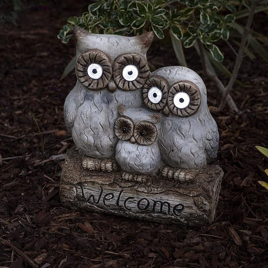 Alpine Corporation 16" Tall Outdoor Solar Powered Owl Welcome Family Statue with LED Lights
