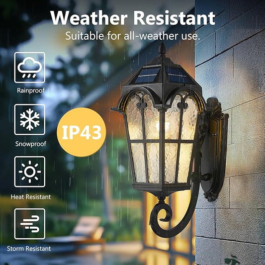 Emliviar Exterior LED Solar Wall Sconce with Remote Control, 24'' Front Door Wall Lantern with Water Grain Glass Shade, Waterproof Solar Black Wall Light with E26 Bulb, YXE302MB-SL BK