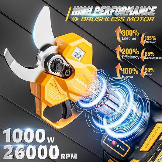 2.05"/ 56mm Electric Pruning Shears, Cordless Electric Scissors LCD Display&SK7 Blades, 21V Brushless Motor Branch Cutter with 2 PCS Rechargeable 2000mAh Batteries & 2 Blades (Yellow)
