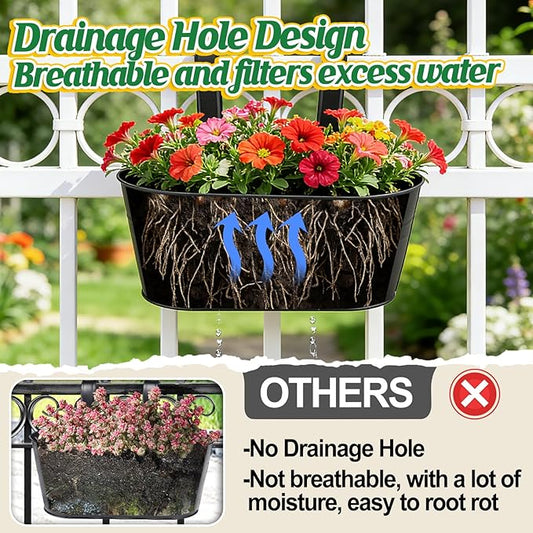 MADHOLLY Railing Planter with Drainage Holes - Sturdy Bucket Pots for Railing Fence, Countryside Style Metal Flower Pots for Herbs Balcony Garden Yard Decor, 2Pcs, Black