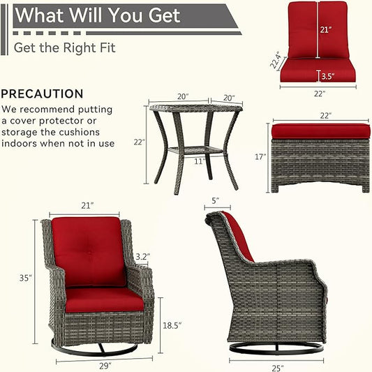 5 Piece Patio Furniture Wicker Conversation Set, 2 Swivel Chairs, 2 Ottomans with 1 Side Table, for Outdoors, Backyard, Deck, Red