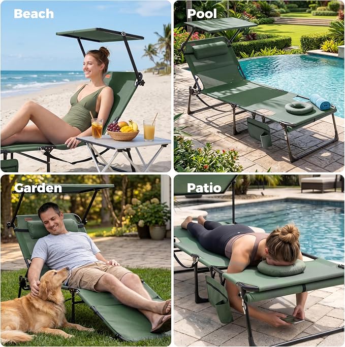 Tanning Chair with Face Hole & Canopy, 28'' Extra Wide, Green | Folding Chaise Lounge Chair with 4-Position Adjustable Backrest for Beach, Pool, Patio & Camping