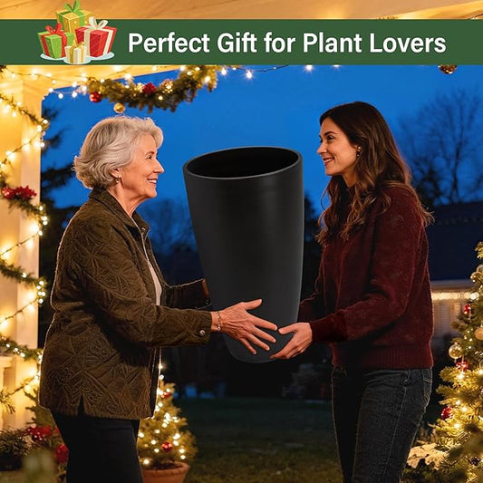 Set of 2 Tall Planter, 21 inch Large Plastic Planter with Drain Hole & Saucers, Large Outdoor Planters for Porch, Garden, Patio, Balcony(Brown)