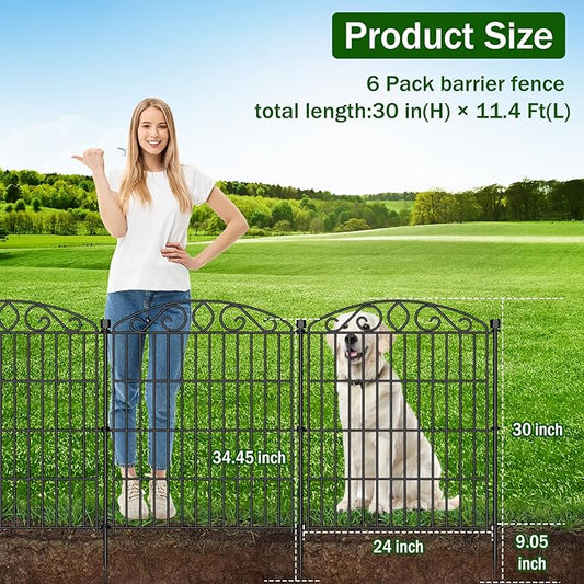 No Dig Decorative Garden Fence 6 Panel - 30in H x 11.4 ft L, Tall Animal Barrier for Dogs Rabbits, Rustproof Metal Wire Panels for Yard, Patio, and Outdoor Border Use
