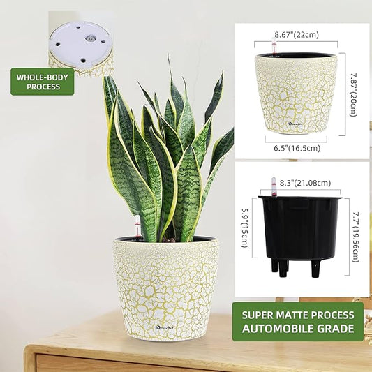 Dexceder 9x8 Inches Self Watering Planter Indoor Outdoor, Inner Pot Design, Thickened Table Flower Plant Pot with Water Level Indicator (White Gold Crackle)