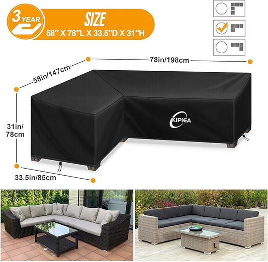 Kipiea L-Shape Patio Furniture Covers Waterproof, 500D Heavy Duty Outdoor Sectional Cover Windproof, Outdoor Couch Cover Anti-UV, No Tears & No Fading (Left Facing, 58" x 78" L x 33.5" D x 31" H)