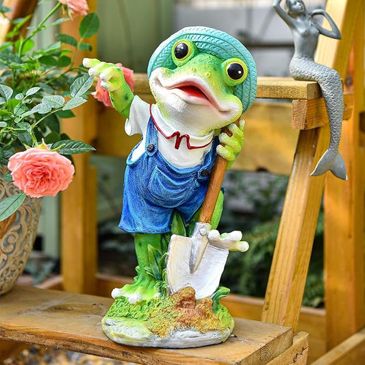 Sungmor Frog Garden Statue Outdoor Decor, Resin Hard-Working Frog Holding Shovel Figurine, Funny Frog Couple Statues for Yard Porch Lawn Decoration, Home Office Frog Ornaments