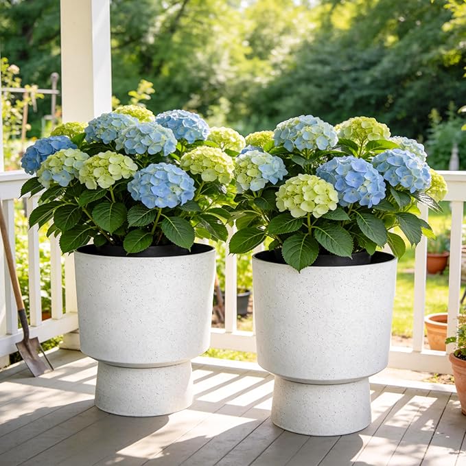 16.75"H Urn-Style Tall Planters, 2-Pack Modern Large Flower Pots for Outdoor Indoor, 2-in-1 Design Plant Containers for Garden Patio Yard Balcony Porch or Home Decor, White Terrazzo, UV-Protect