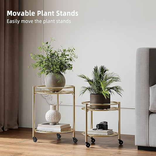 2 Tier Rolling Plant Stand with Wheels, Mid Century Modern Metal Stand for Planters, 2 Sizes 9 Inch & 11 Inch, Indoor Outdoor Movable Flower Pot Holder for Decor Home Garden Patio Load Bearing 165 LB 2 Pack Gold