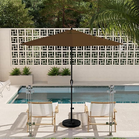 California Umbrella 9' Rd Aluminum Patio Umbrella, Crank Lift, Auto Tilt, Black Finish, 4yr Fade Warranty, Mocha