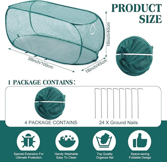 4 Pcs 39" x 18" x 16" Pop up Garden Mesh Plant Cover Outdoor Plant Protector Garden Row Raised Bed Cover with Ground Nails Crop Cage Net for Seedlings Vegetable Fruit Herbs (Dark Green)