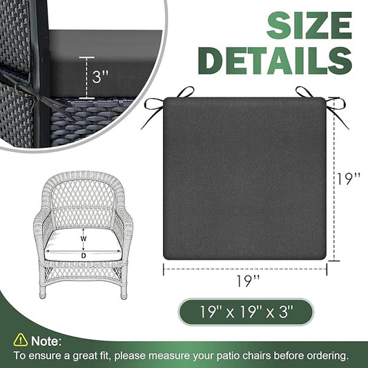 Outdoor Chair Cushions set of 4, 19x19x3 Inch Waterproof & Fade Resistant Patio Furniture Seat Cushions with Ties, Square Outdoor Dining Chair Cushions for Lawn, Garden, Deck & Yard, Dark Grey