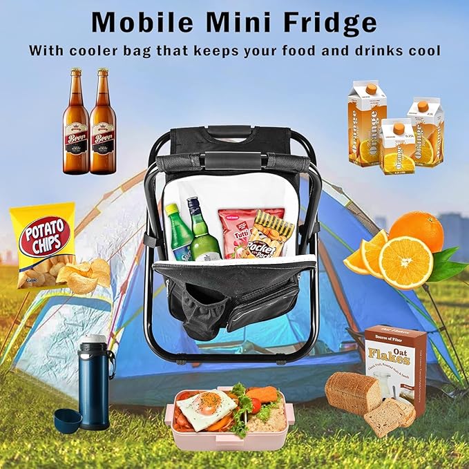 Kikerike Backpack Stool Cooler Chair Heavy Duty 300 LBS Max Load Portable Lightweight Folding Fishing Cooler for Camping Hunting Fishing - Black