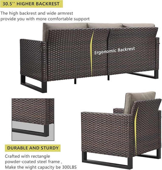 HUMMUH 5 Piece Patio Furniture Set with Fire Pit Table 41in 55,000 BTU,Wicker Outdoor Conversation Sets -Patio Sofa Outdoor Chairs Set of 2 for Porch,Garden,Backyard